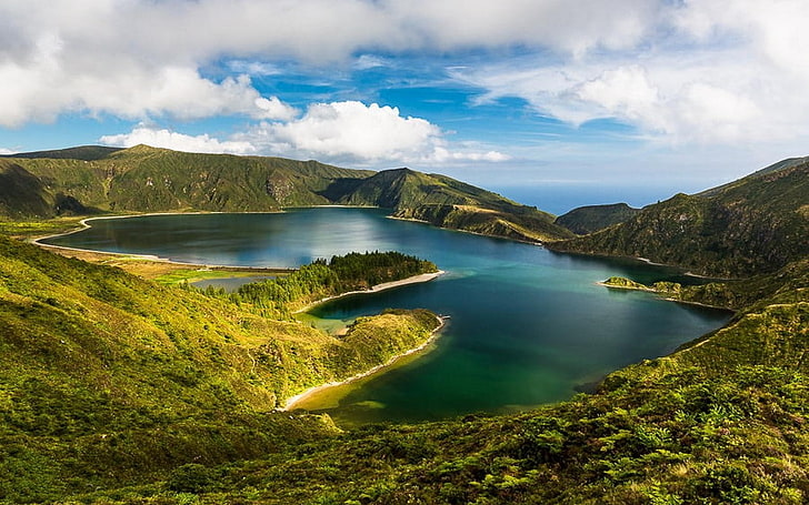 nature, landscape, lake, mountains, island, Azores, clouds
