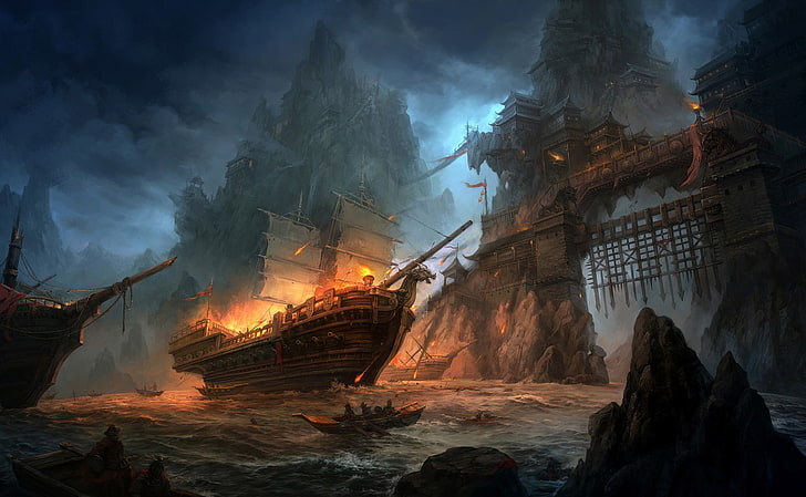 fantasy art, ship, boat, battle, motion, nature, architecture