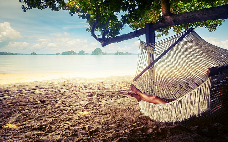 Hammock, sand, relaxing, white and blue hammock, resting, HD wallpaper