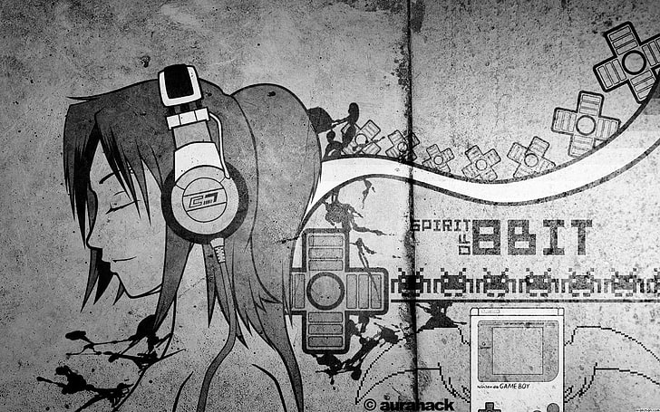 female anime character illustration, music, headphones, 8-bit