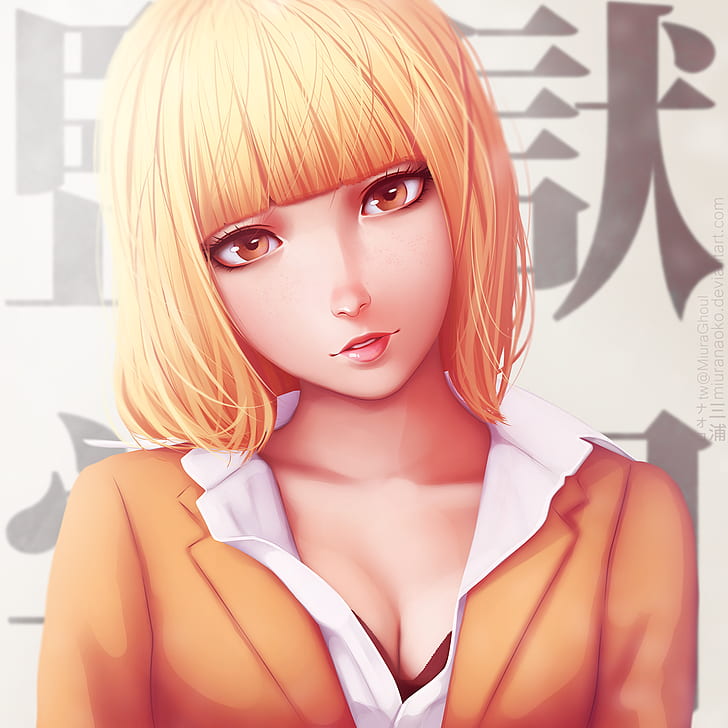 cleavage, blonde, Prison School, Midorikawa Hana, anime girls, HD wallpaper
