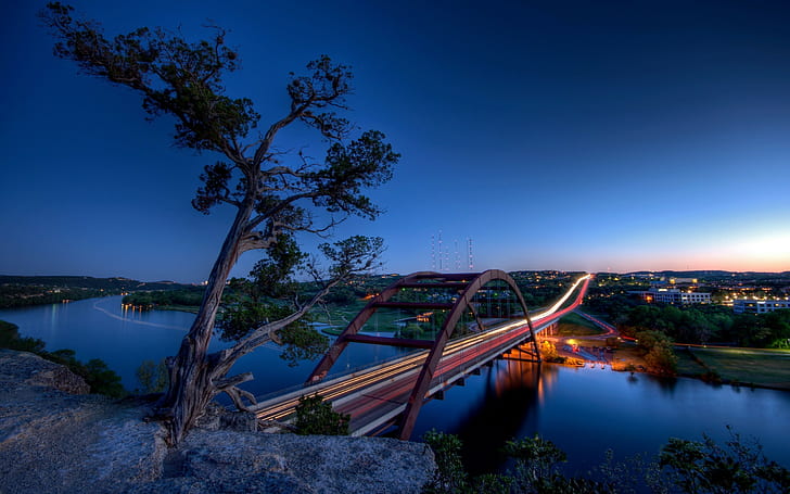 bridge, city, town, urban, Austin (Texas), 360 Bridge, light trails, HD wallpaper