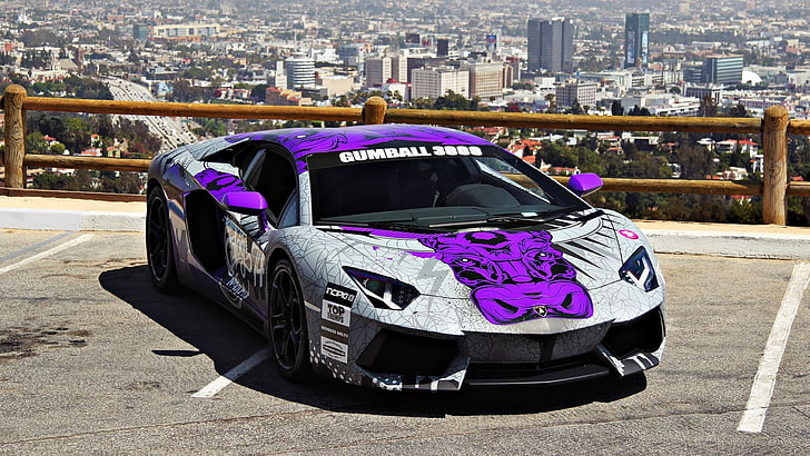 white and purple coupe, Lamborghini, Lamborghini Aventador, car