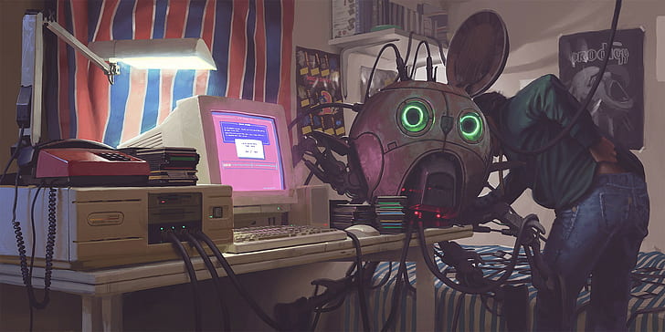 The Prodigy, cyberpunk, robot, drawing, Simon Stålenhag