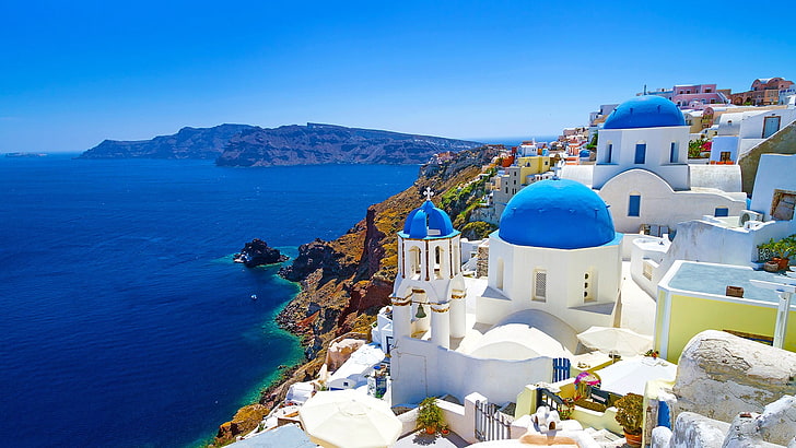 Santorini, Greece, architecture, water, blue, building exterior, HD wallpaper