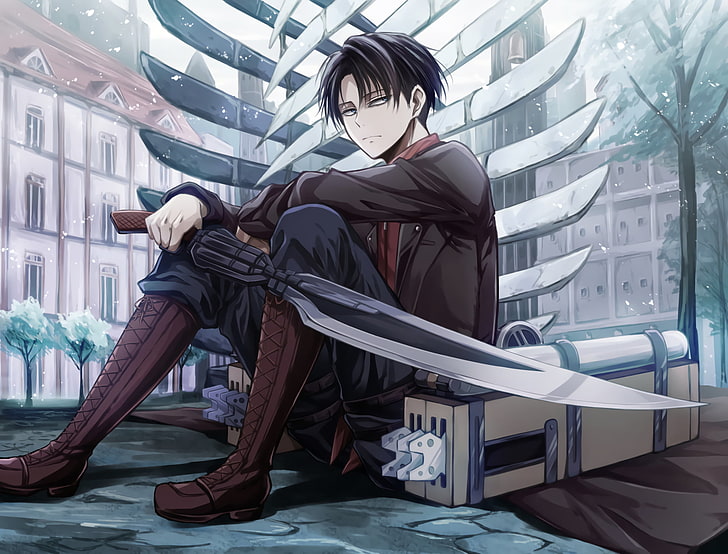 man sitting beside swords, Anime, Attack On Titan, Black Hair
