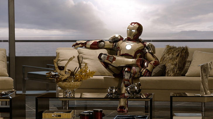 Iron Man sitting on sofa wallpaper, Iron Man 3, couch, Marvel Cinematic Universe, HD wallpaper