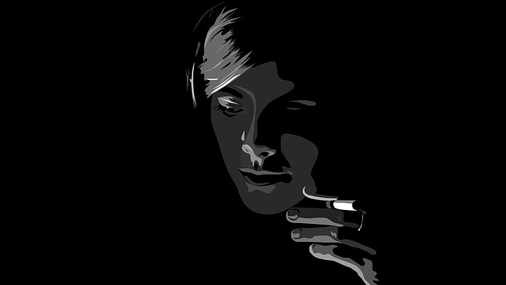 person holding cigarette portrait, monochrome, studio shot, black background