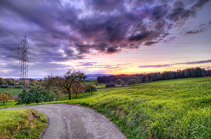 empty road in between grass field under gray clouds during sunset, HD wallpaper