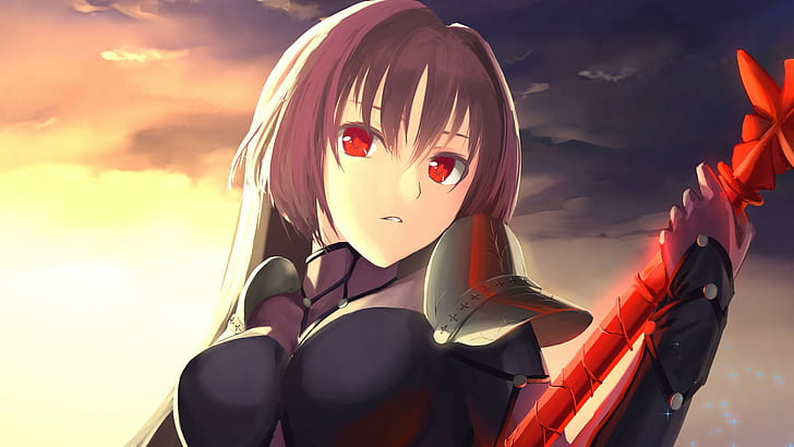 Lancer, Fate Grand Order, Fate Series, Type Moon, Solo, Bangs, Red Eyes, Open , Mouth, Long Hair, Anime Girls, Sunset, Clouds, Brunette, Gloves, Weapon, Armor, Spear