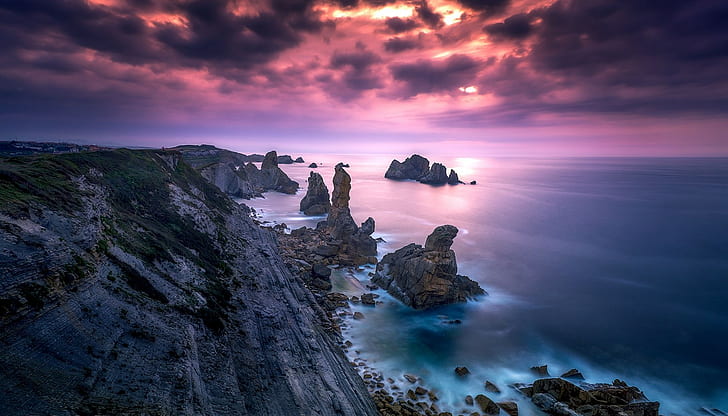 photography, landscape, nature, coast, rocks, sunset, sea, clouds, HD wallpaper
