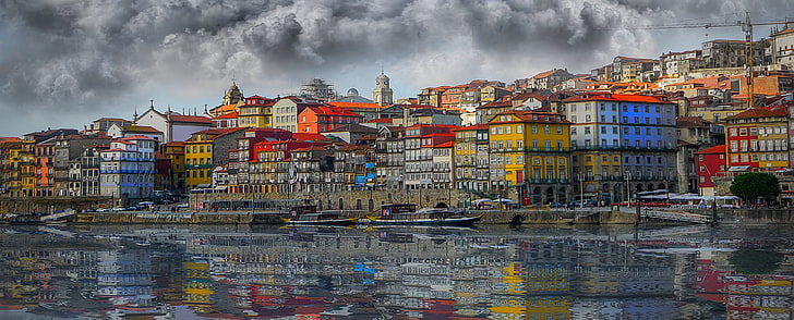 reflection, river, building, home, boats, blur, Portugal, promenade
