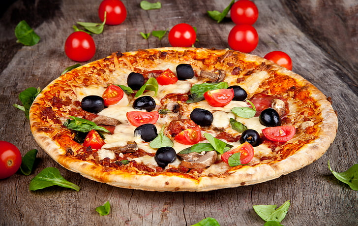 cheese and tomatoes pizza, olives, mushrooms, dish, leaves, food