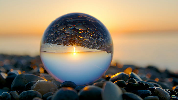 beach reflection marble pebbles, sphere, sunset, sky, nature, HD wallpaper
