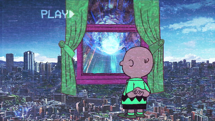 vaporwave, Charlie Brown, cityscape, video tape, Peanuts (comic)