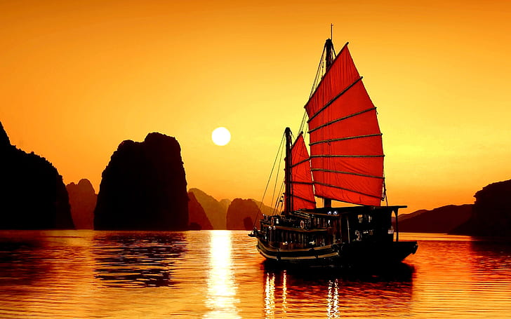 sailboat, along bay, lake, sunset, horizon, landscape, asia, stunning, vietnam, evening, world, HD wallpaper