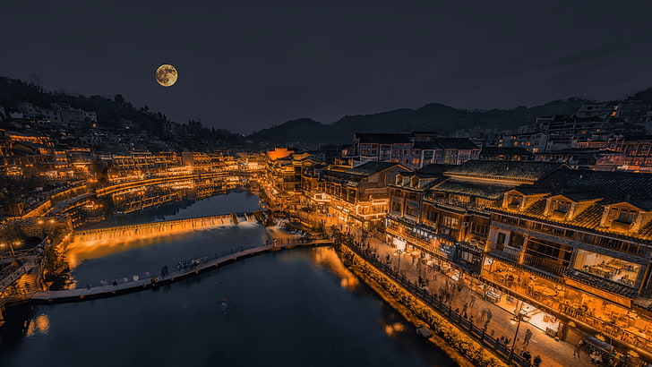 ancient city, night, phoenix ancient town, china, hunan, fenghuang, HD wallpaper