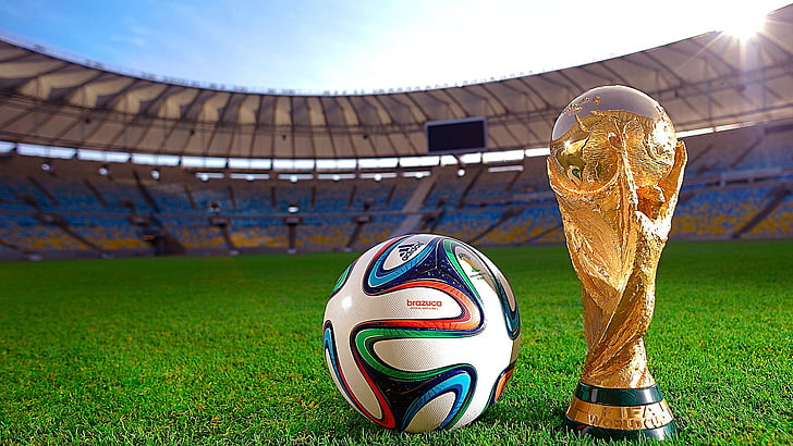 world cup, football, trophy, grass, fifa, stadium, sports equipment, HD wallpaper