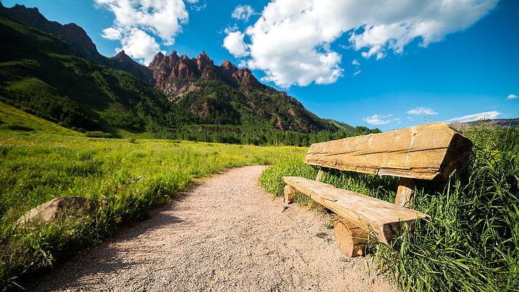 brown wooden bench, Colorado, maroon bells, path, clouds, grass
