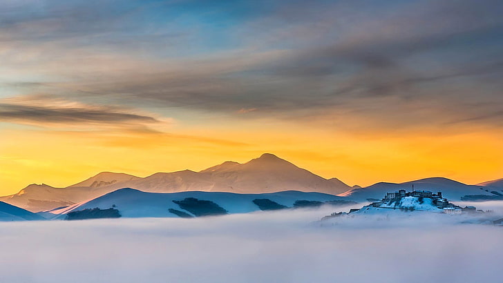 silhouette of mountain surrounded by mist, nature, landscape