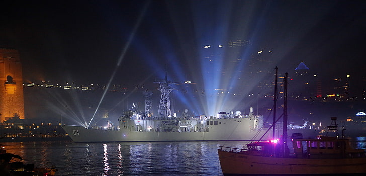 military, ship, night, lights, water, architecture, illuminated