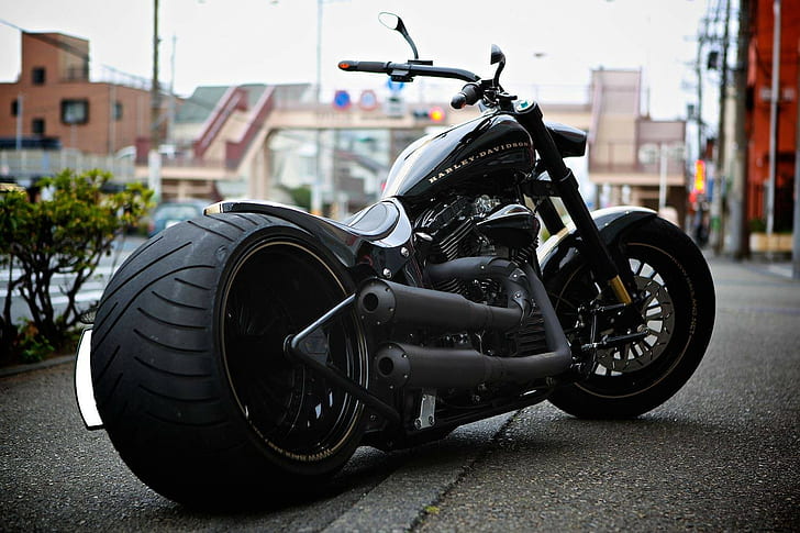 black cruiser motorcycle, Harley-Davidson, transportation, street