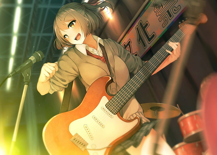 music, guitar, anime, girl, HD wallpaper