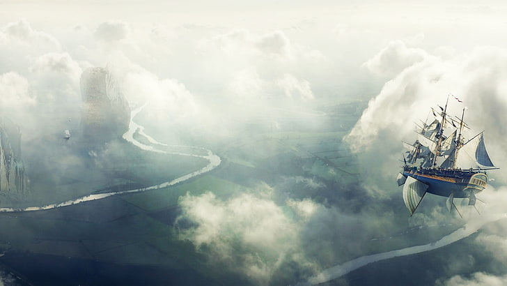 photo of clouds during daytime, ship, fantasy art, Desktopography, HD wallpaper