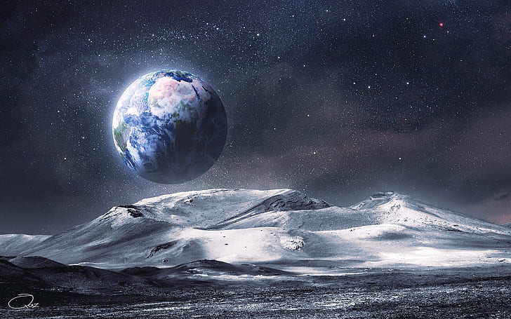 space, white, Earth, stars, signatures, mountains, space art, HD wallpaper