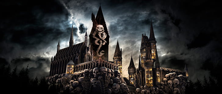 Harry Potter, Hogwarts Castle, Skull, HD wallpaper