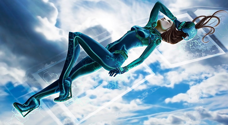 woman wearing green and blue suit 3D character, futuristic, cyberpunk