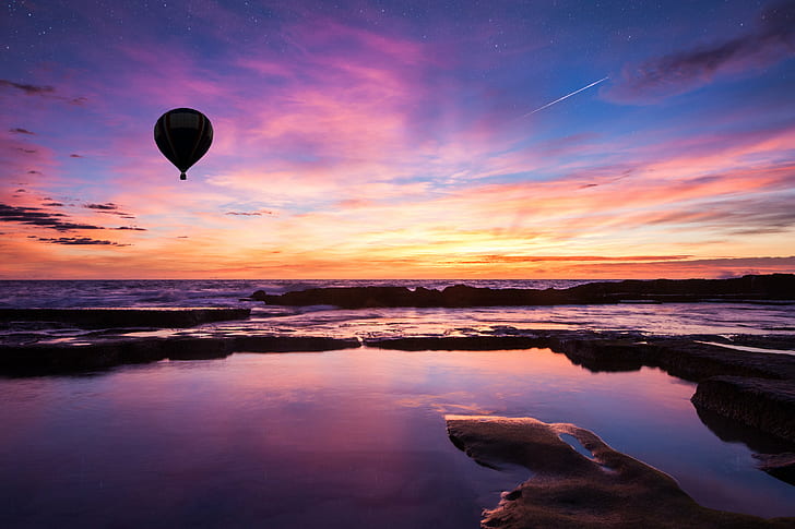 hot air balloon above body of water at sunset, son la, suma, de, HD wallpaper