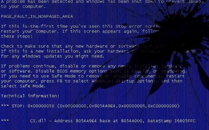 computer screen, Blue Screen of Death, broken glass, data, no people