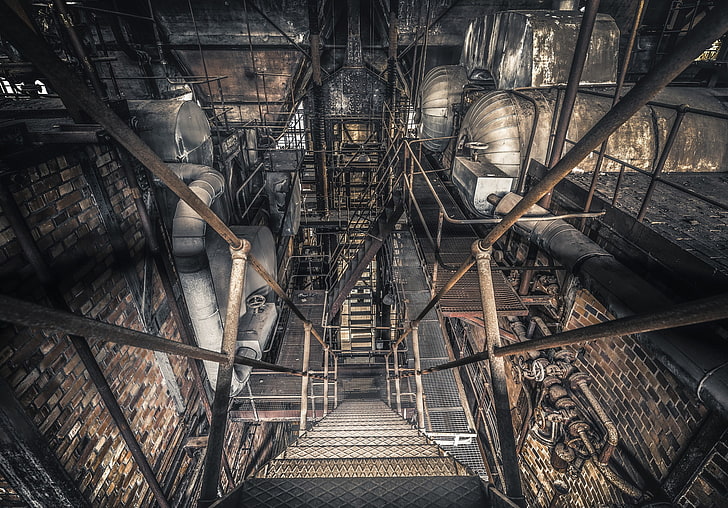 industrial, factory, architecture, no people, staircase, indoors, HD wallpaper