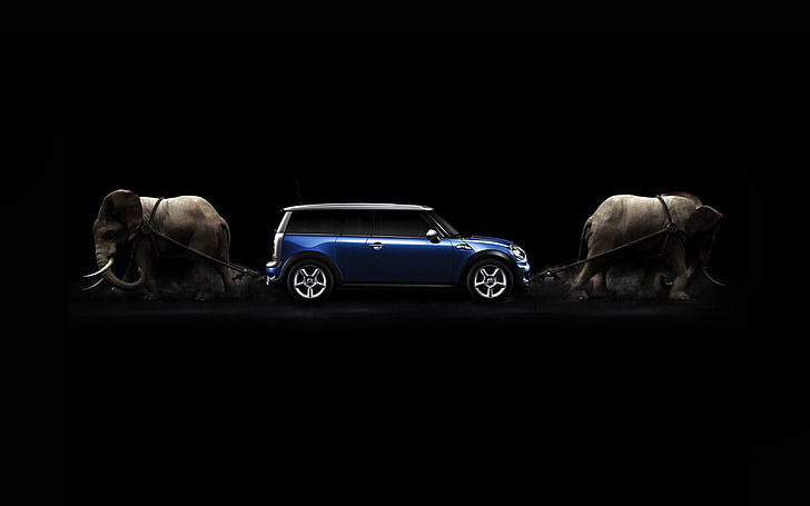 blue car illustration, black background, elephant, blue cars