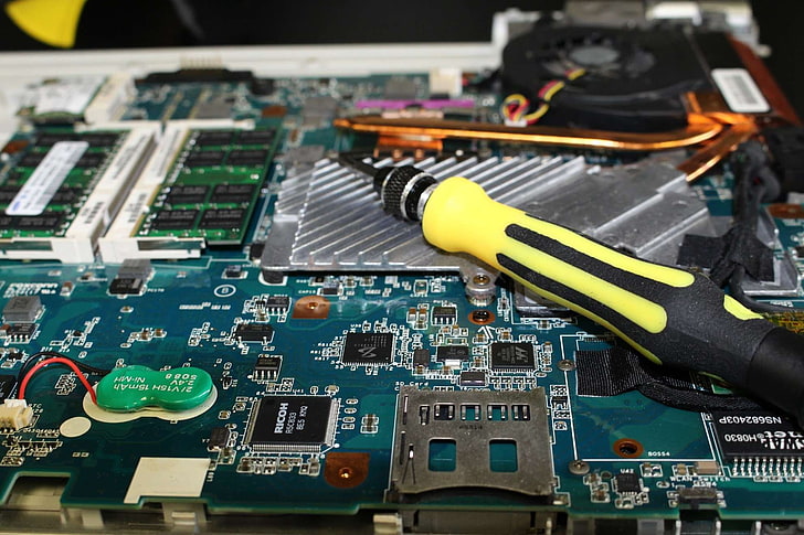 copper, laptop, motherboard, repairs, screwdriver, electronics industry, HD wallpaper