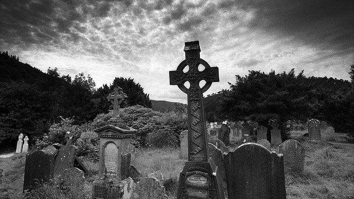 graveyards, monochrome, cross, tombstones, religion, sky, belief