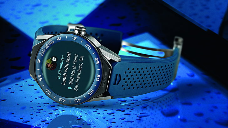 round silver-colored watch on blue textile, TAG Heuer Connected Modular 45, HD wallpaper
