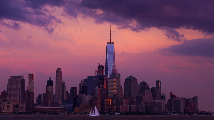 purple sky, buildings, new york, architecture, usa, united states, HD wallpaper