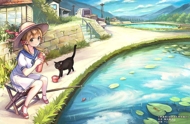 anime, anime girls, bow, brunette, cat, clouds, dress, drink