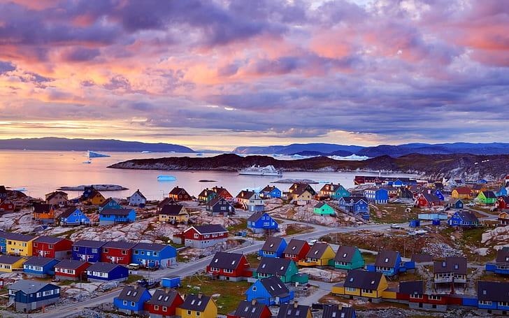 Greenland coast, colorful houses, mountains, clouds, dusk, HD wallpaper