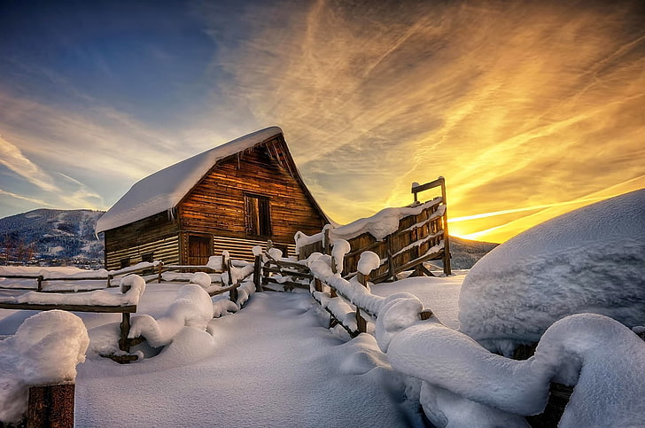 brown shack, house, snow, cold temperature, winter, sky, cloud - sky