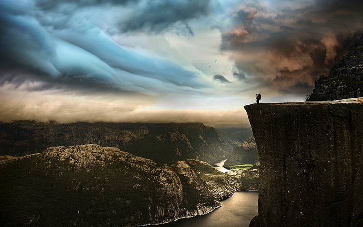 cliff, clouds, kamp, landscape, man, mountains, norway, photo, HD wallpaper