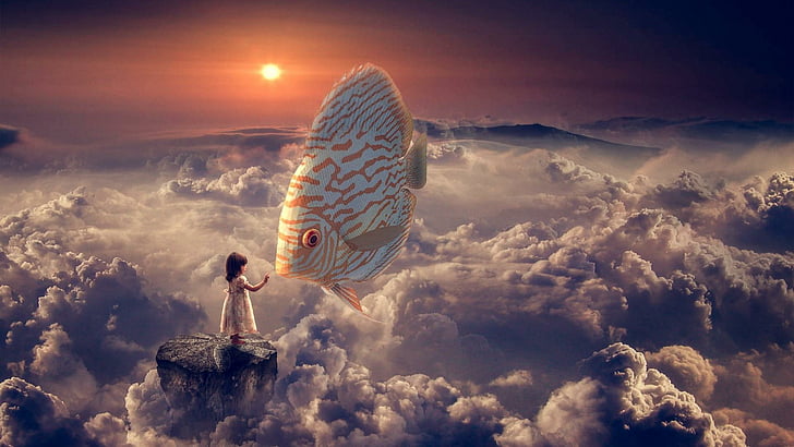fantasy, girl, fish, clouds, sky, sun