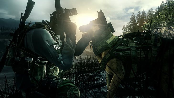 Call of Duty Ghosts, game, shooter, soldier, dog, rifle, CoD