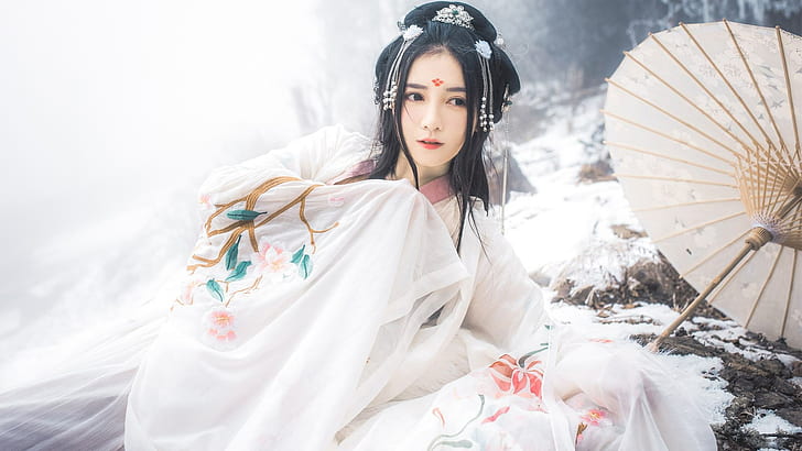 hanfu, Asian, Chinese dress, headdress, black hair, white dress
