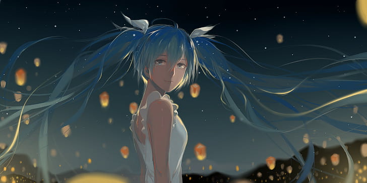 Hatsune Miku, lights, Vocaloid, sky lanterns, blue hair, twintails, HD wallpaper