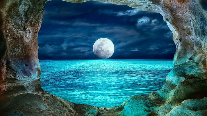 Earth, Moon, Cave, Full Moon, Night, Ocean