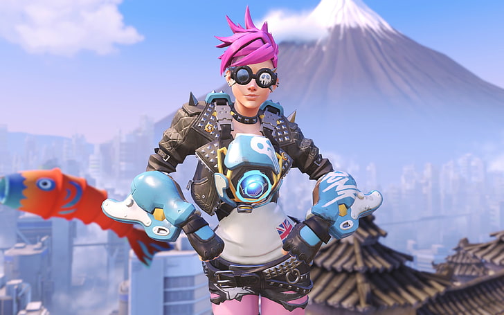pink-haired female character hands on hip illustration, Tracer (Overwatch)