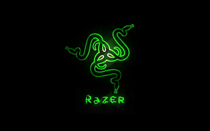 Razer, illuminated, neon, green color, animal, black background